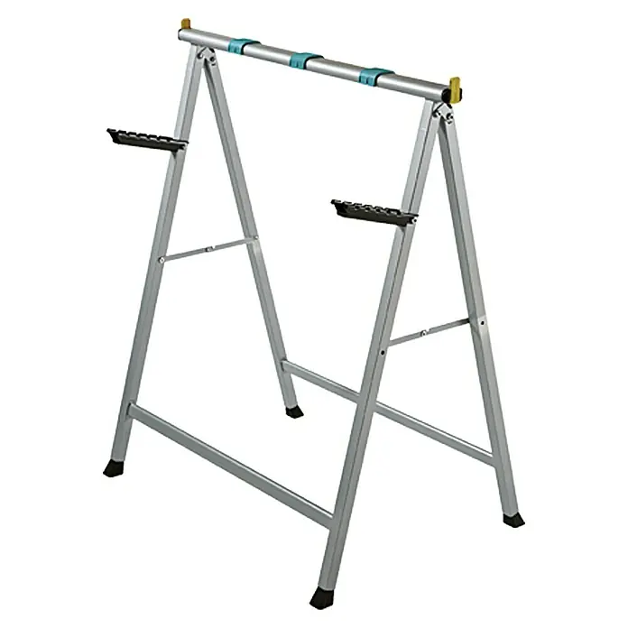 Auflagebock - Tragkraft: 100 kg - Bild eines silberfarbenen, klappbaren Malerbocks mit Ablageflächen und blauen Schutzpolstern. Ideal für Malerarbeiten.