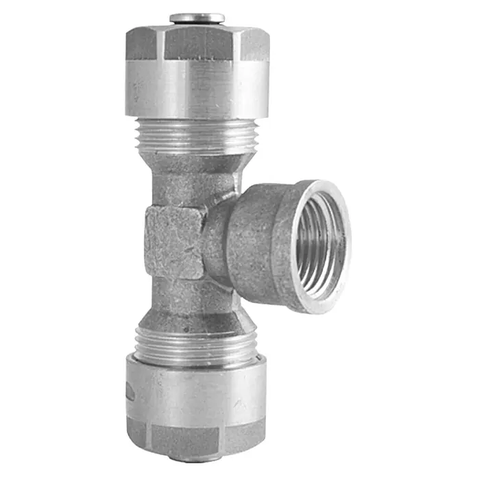 Comisa Schraub-T-Stück - Durchmesser: 16 mm, ½″, Vernickelt - Eine Nahaufnahme eines T-förmigen Messing-Rohrverbindungsstücks mit Gewinden und einer Kappe auf der Oberseite, isoliert auf Weiß.