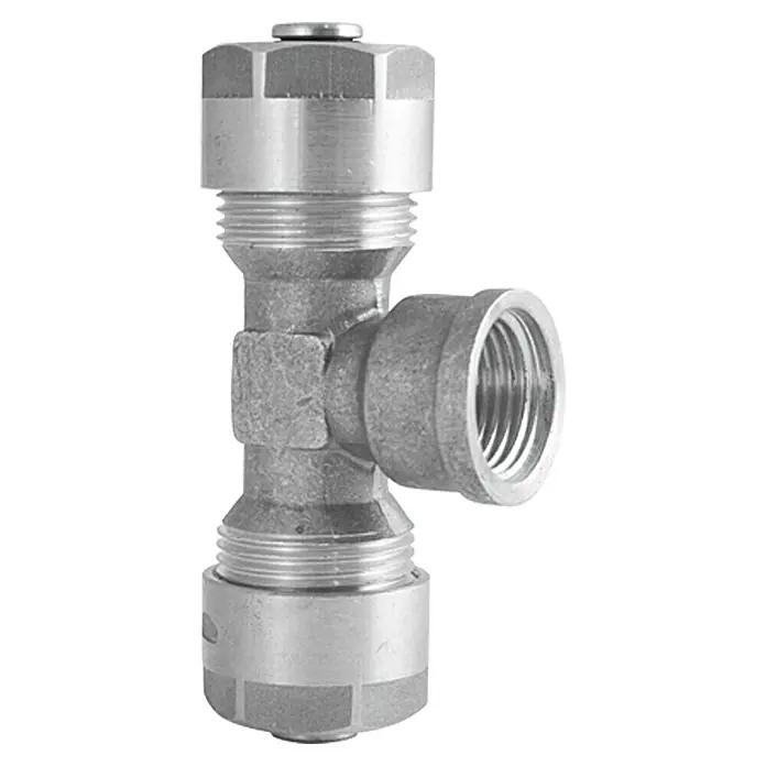 Comisa Schraub-T-Stück - Durchmesser: 16 mm, ½″, Vernickelt - Eine Nahaufnahme eines T-förmigen Messing-Rohrverbindungsstücks mit Gewinden und einer Kappe auf der Oberseite, isoliert auf Weiß.