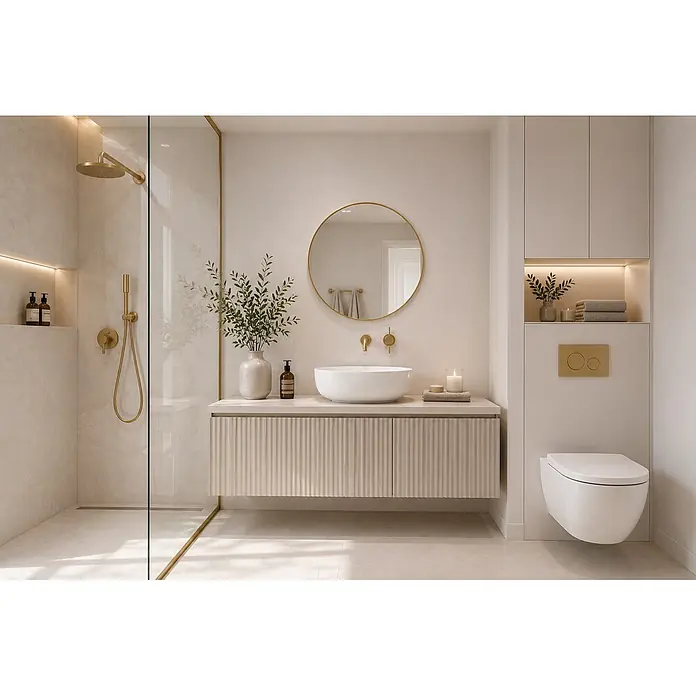 Cordia Rahmenspiegel - 60 x 60 cm, Gold, Aluminium - Modernes Badezimmer mit Messingarmaturen, geriffelter Waschtisch, Aufsatzwaschbecken und Wand-WC in neutralen Tönen.