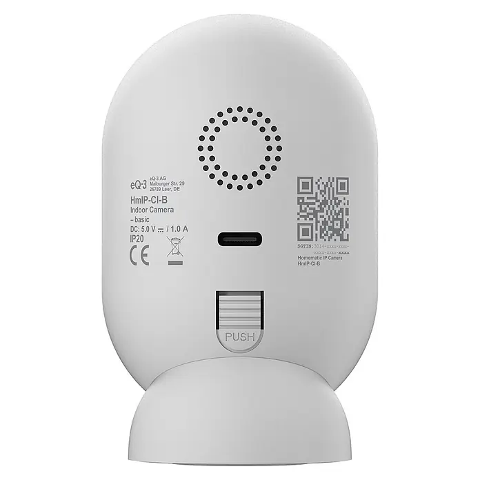 Homematic IP Innenkamera Smart Home HmIP-CI-B - Weiß - Rückseite einer weißen Homematic IP Überwachungskamera mit Lautsprecher, USB-Anschluss und Druckknopf.