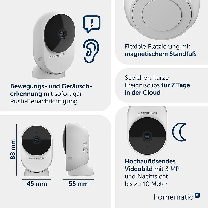 Homematic IP Innenkamera Smart Home HmIP-CI-B - Weiß - Eine weiße Smart-Home-Kamera mit Magnetfuß, Bewegungs- und Geräuscherkennung, 3 MP Nachtsicht und 7 Tage Cloud-Speicher. Maße: 88x45x55 mm.