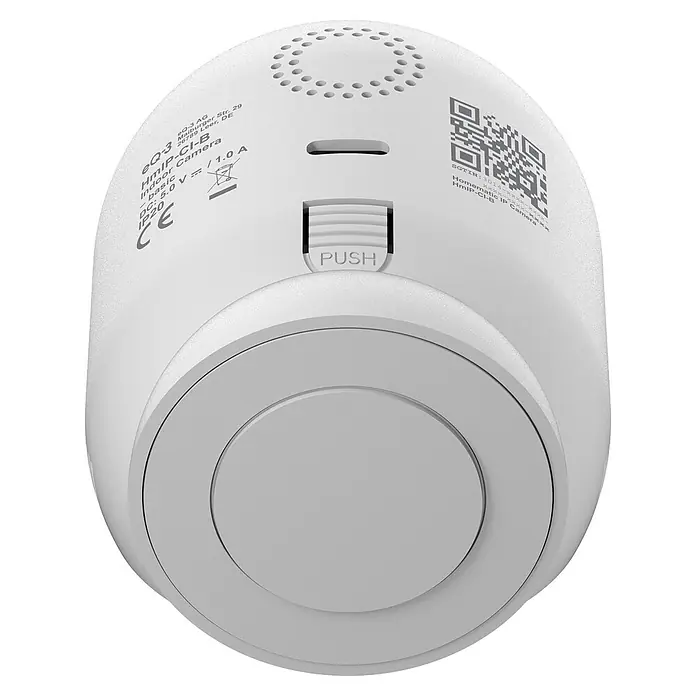 Homematic IP Innenkamera Smart Home HmIP-CI-B - Weiß - Weiße zylindrische Homematic IP Innenkamera mit Lautsprecherlöchern, Beschriftungen, QR-Code und "PUSH"-Taste.