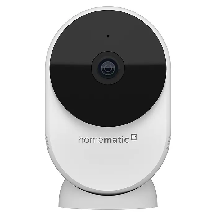 Homematic IP Innenkamera Smart Home HmIP-CI-B - Weiß - Weiße Homematic IP Smart-Home-Kamera mit schwarzer runder Frontplatte, die das Objektiv beherbergt.