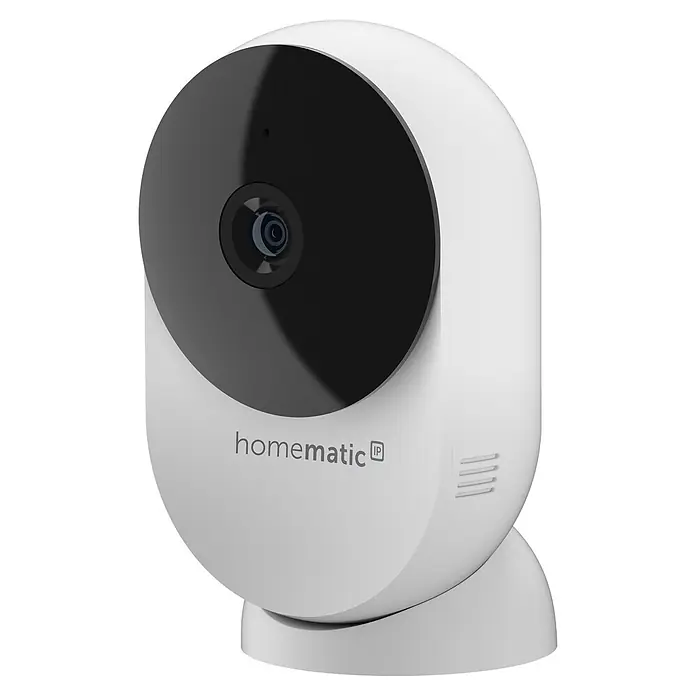 Homematic IP Innenkamera Smart Home HmIP-CI-B - Weiß - Weiße Homematic IP Smart Home Überwachungskamera mit schwarzer Front und Linse, mit dem Homematic IP Logo.