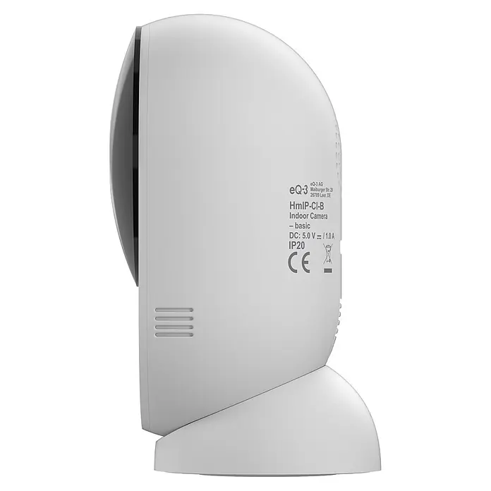 Homematic IP Innenkamera Smart Home HmIP-CI-B - Weiß - Weiße HmIP-CI-B Indoor Kamera, basic, mit 5.0V/1.0A Leistung und IP20 Schutz, von der Seite.