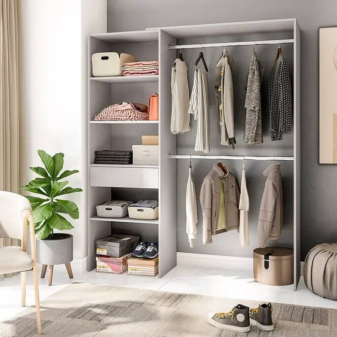 Set muebles de dormitorio Cachemir - 3 pzs., Beige Cachemir, Vestidor con montaje reversible - Sistema modular de armario abierto gris claro con estantes y barras para organizar ropa, zapatos y cajas de almacenamiento.