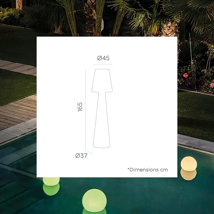 New Garden Lámpara de pie con batería Lola 165 Blanco - Blanco, Altura: 165 cm, RGB - Lámpara de pie exterior alta, 165 cm de alto, con Ø45 cm superior y Ø37 cm en la base. Dimensiones mostradas.
