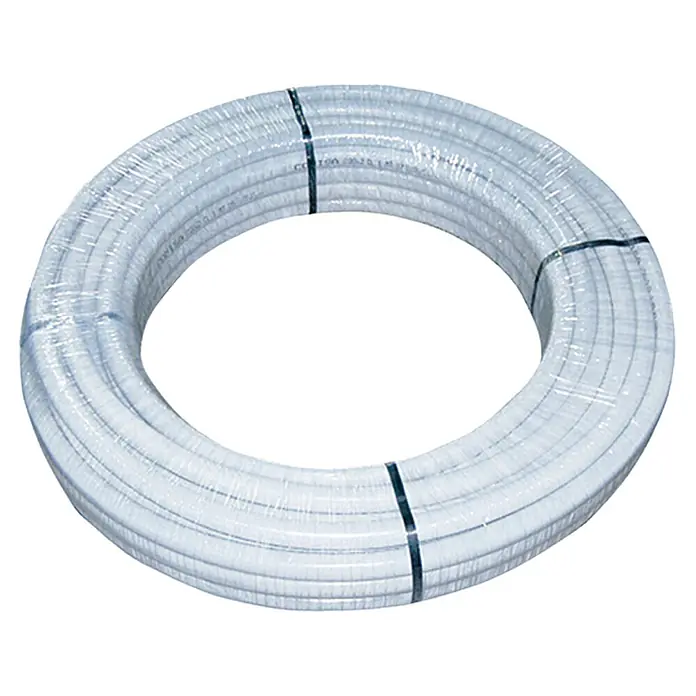 Comisa Alu-Verbundrohr - Durchmesser: 16 mm, Länge: 50 m - Eine Rolle weißes Kunststoffrohr, mit schwarzem Band zusammengehalten. Ideal für Sanitär- oder Heizungsinstallationen.