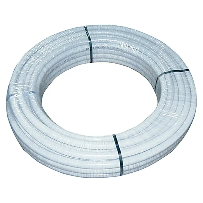 Comisa Alu-Verbundrohr - Durchmesser: 20 mm, Länge: 100 m - Eine Rolle weißes Kunststoffrohr, mit schwarzem Band zusammengehalten. Ideal für Sanitär- oder Heizungsinstallationen.