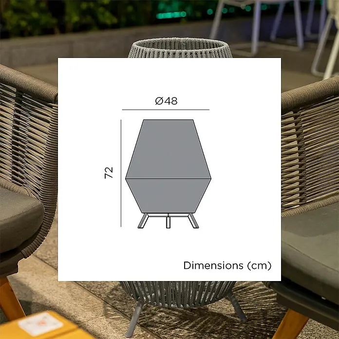 New Garden Conta Lámpara de pie para exterior 70 - 9 W, Blanco cálido, 48 x 48 x 72 cm, Con bombillas - Lámpara exterior trenzada gris (72 cm Al, 48 cm Diám.) en patio, con diagrama de medidas.