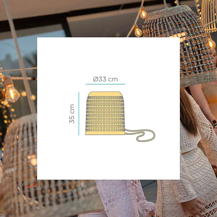 New Garden Lámpara colgante LED recargable Positano 35 - 9 W, Marrón, Ø x Al: 33 x 35 cm, Blanco cálido - Pantalla de lámpara de cesto tejido, Ø33 cm de diámetro y 35 cm de altura, con asa de cuerda integrada.
