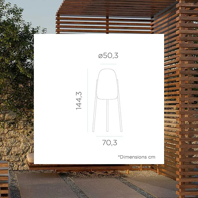 New Garden Lámpara LED decorativa Rocket 145 - 9 W, Blanco/Madera, L x An x Al: 63,5 x 63,5 x 145 cm, Blanco cálido - Diagrama de una lámpara de pie con dimensiones de altura, diámetro y ancho, superpuesto en un patio exterior.