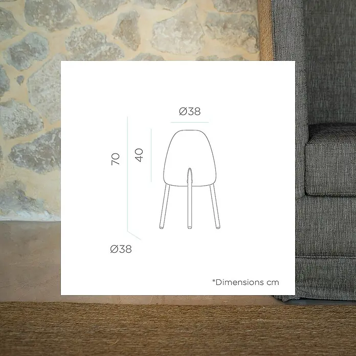 New Garden Lámpara LED decorativa Rocket 70 - 9 W, Blanco/Madera, L x An x Al: 38 x 38 x 70 cm, Blanco cálido - Dibujo lineal de un taburete de tres patas con dimensiones: diámetro 38cm, altura total 70cm, altura asiento 40cm.