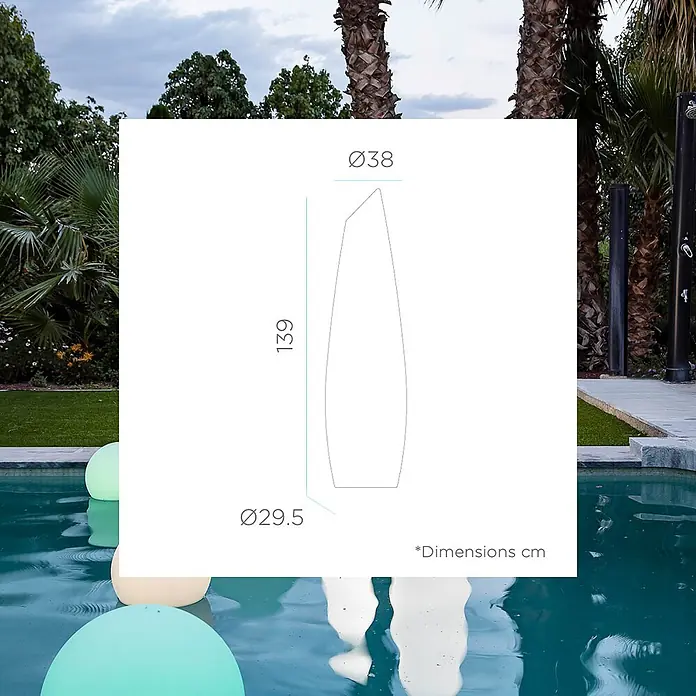 New Garden Lámpara de pie con batería Fredo 140 - 1,3 W, Blanco, Ø x Al: 38 x 139 cm, RGB - Dibujo técnico de una lámpara decorativa de exterior de 139 cm de alto con Ø38 cm superior y Ø29,5 cm de base.