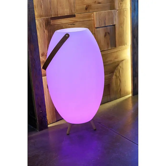 New Garden Lámpara para exterior con altavoz Apolo 70 - 6 W, Blanco, Ø x Al: 40 x 72,5 cm, RGBW, Altavoz - Lámpara LED ovalada morada brillante con asa marrón y patas de madera, de pie en el suelo.