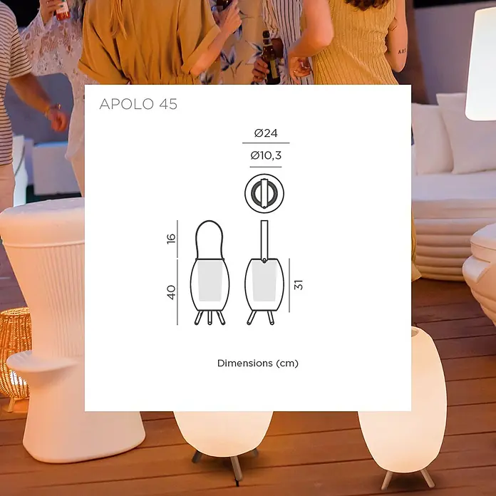 New Garden Lámpara para exterior con altavoz Apolo 45 - 6 W, Blanco, Ø x Al: 24 x 40,5 cm, RGBW, Altavoz - Dimensiones de Apolo 45, una lámpara de mesa ovoide iluminada con tres patas, mostrada en exterior.