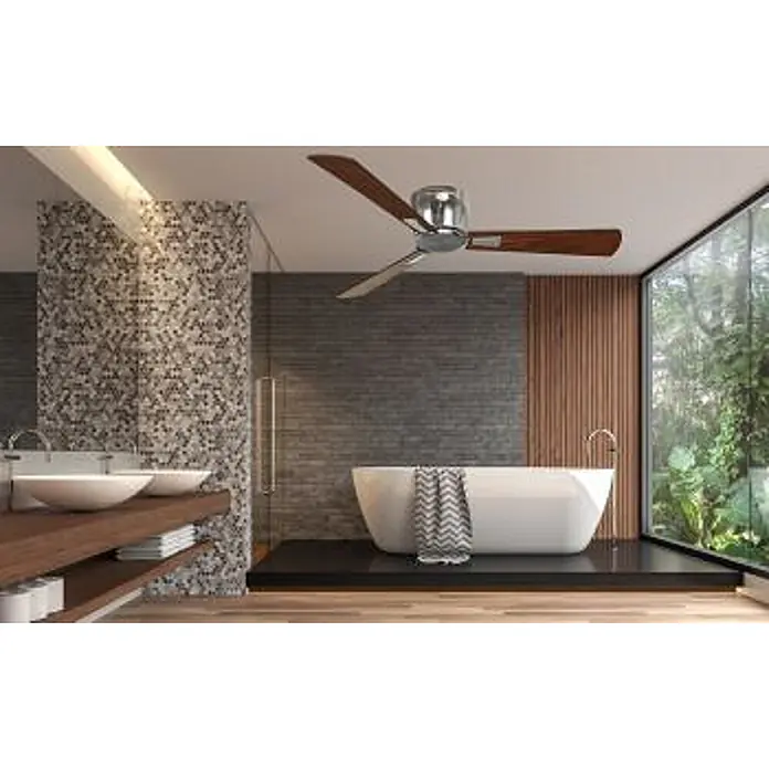 Vam Deckenventilator Energiespar Deckenventilator LUNA 107 cm Nickel silber-Walnussflügel - SILBER-WALNUSS, 1.070 mm, 31 W - Moderner Deckenventilator mit gebürstetem Metallgehäuse und dunklen Holzflügeln, in luxuriösem Bad über freistehender Wanne.