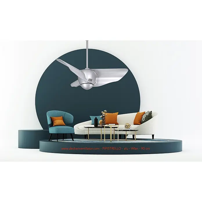 Vam Deckenventilator DC Deckenventilator PIPISTRELLO silber 132 cm - silber, 1.320 mm, 38 W - Silberner Deckenventilator aus gebürstetem Aluminium, 90 cm Durchmesser, über einer modernen Wohnzimmerlandschaft.
