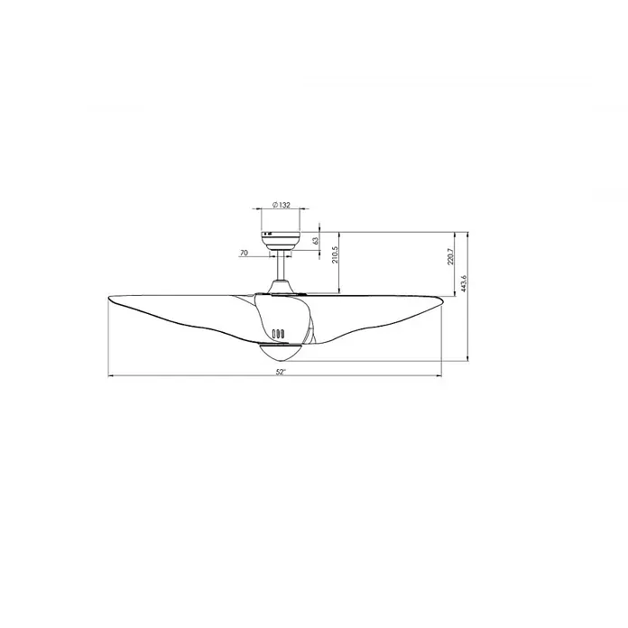 Vam Deckenventilator DC Deckenventilator PIPISTRELLO weiß 132 cm - weiß, 1.320 mm, 38 W - Technische Zeichnung eines 52-Zoll-Deckenventilators mit Gesamtabmessungen, darunter 132mm Montagedurchmesser und 443,6mm Gesamthöhe.