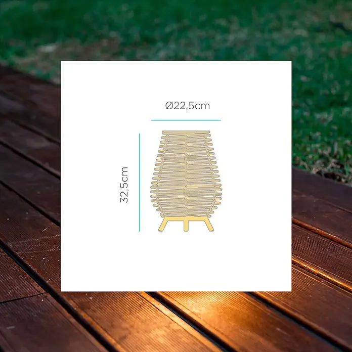 New Garden Bossa Lámpara para exterior a batería 30 - 9 W, Marrón, Blanco cálido, Ø x Al: 22,5 x 32,5 cm - Diagrama de linterna de mimbre con base de madera, de 32,5cm de alto y 22,5cm de diámetro.