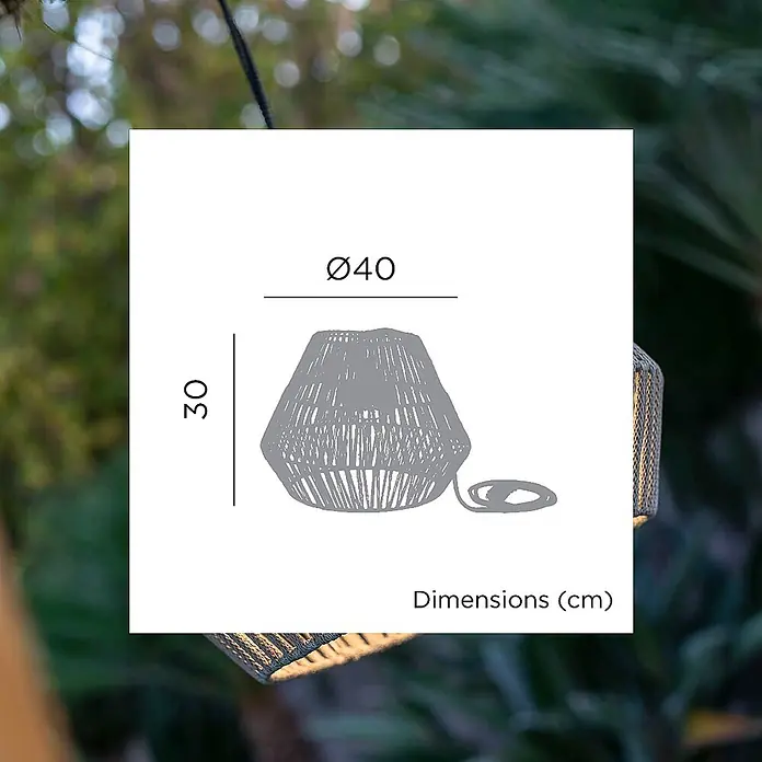 New Garden Conta Lámpara colgante de batería 30 - 9 W, Blanco, Ø x Al: 40 x 30 cm, Blanco cálido - Diagrama de dimensiones de linterna de mimbre gris, muestra diámetro 40cm y altura 30cm, con cable enrollado.