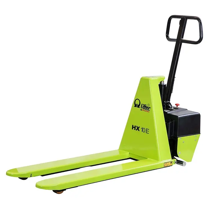 Pramac Scherenhubwagen HX10E - Länge Gabel: 1.500 mm, Breite Gabel: 525 mm, Traglast: 1.000 kg - Limettengrüner Elektropalettenhubwagen mit schwarzem Griff und Batteriekasten.