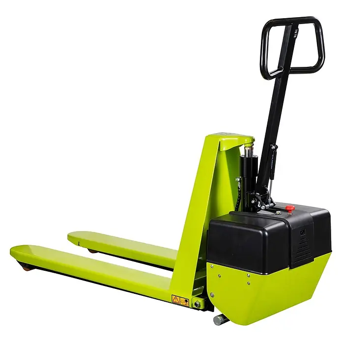 Pramac Scherenhubwagen HX10E - Länge Gabel: 1.500 mm, Breite Gabel: 525 mm, Traglast: 1.000 kg - Elektrischer Hubwagen in Limettengrün und Schwarz mit schwarzem Griff, zum Heben und Bewegen von Paletten.