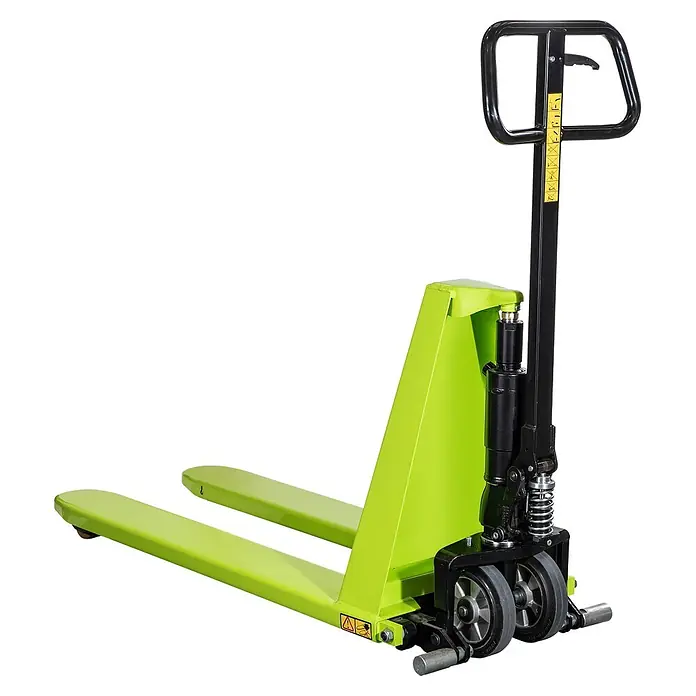 Pramac Scherenhubwagen HX10M - Länge Gabel: 1.500 mm, Breite Gabel: 525 mm, Traglast: 1.000 kg - Hellgrüner und schwarzer Gabelhubwagen mit Gabeln, Griff und Rädern.