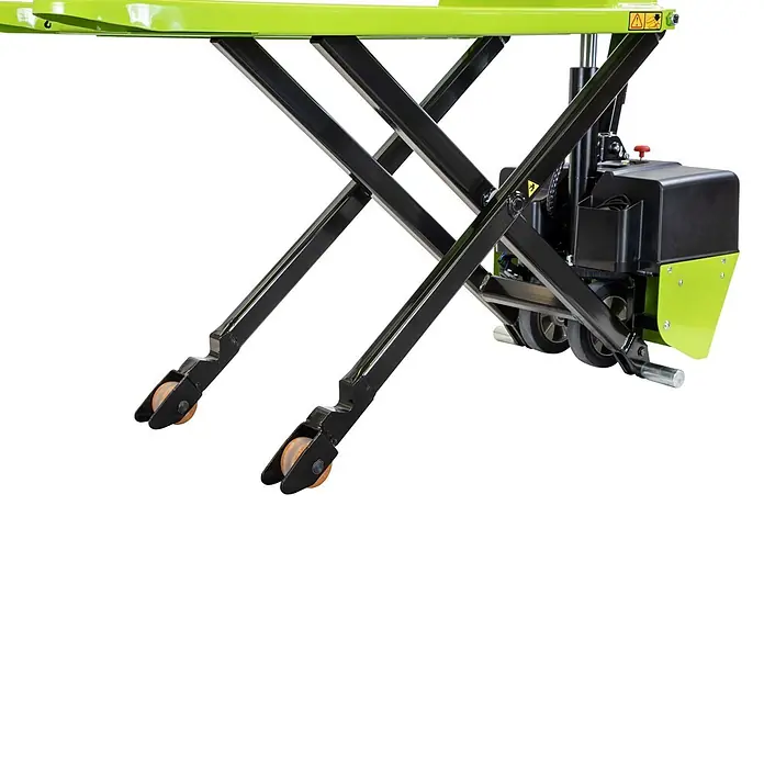 Pramac Scherenhubwagen HX10E - Länge Gabel: 1.500 mm, Breite Gabel: 525 mm, Traglast: 1.000 kg - Limettengrüner und schwarzer Scherenhubwagen mit orangefarbenen Rädern, von der Seite gezeigt. Er verfügt über einen robusten Hubmechanismus.
