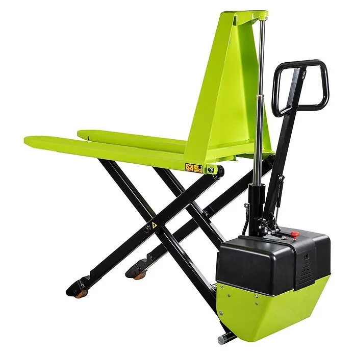 Pramac Scherenhubwagen HX10E - Länge Gabel: 1.500 mm, Breite Gabel: 525 mm, Traglast: 1.000 kg - Limettengrüner und schwarzer hydraulischer Scherenhubwagen mit ergonomischem Griff zur Materialhandhabung.