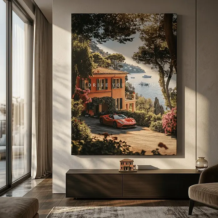 Dotcomcanvas Leinwandbild - Drive you dreams, B x H: 75 x 100 cm - Großer Leinwanddruck mit 'DRIVE YOUR DREAMS' über rotem Sportwagen und Villa, schmückt eine moderne Wohnzimmerwand.