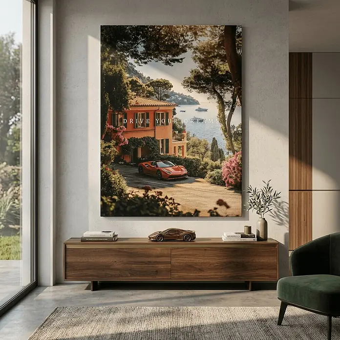 Dotcomcanvas Leinwandbild - Drive you dreams, B x H: 75 x 100 cm - Großes Leinwandbild: roter Sportwagen am Meer mit „DRIVE YOUR DREAMS“-Text, über einer Holzkonsole in modernem Raum.