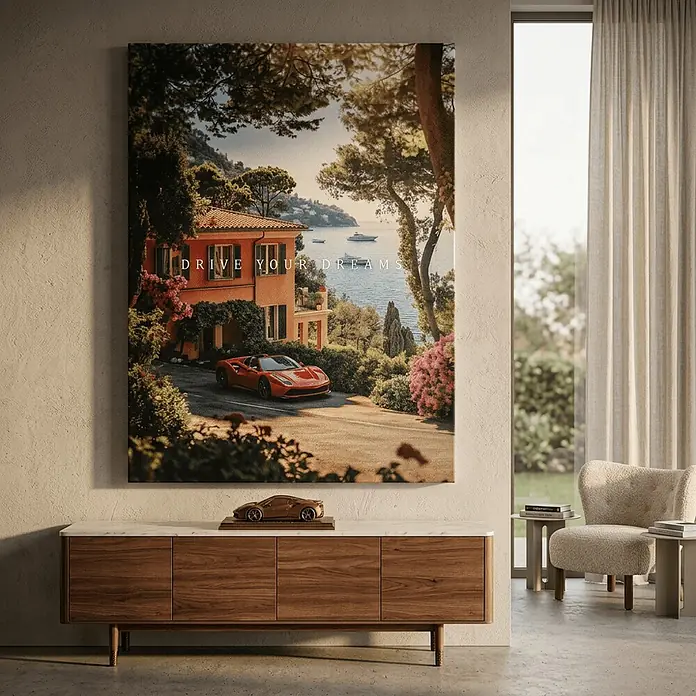 Dotcomcanvas Leinwandbild - Drive you dreams, B x H: 75 x 100 cm - Große Leinwandkunst mit rotem Sportwagen vor mediterraner Villa am Meer, Schriftzug 'DRIVE YOUR DREAMS', im Wohnzimmer ausgestellt.