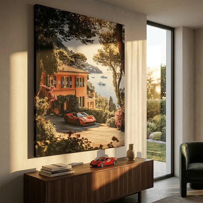 Dotcomcanvas Leinwandbild - Drive you dreams, B x H: 75 x 100 cm - Großer Leinwanddruck einer Küstenlandschaft mit rotem Sportwagen und 'DRIVE YOUR DREAMS' Text an moderner Wand.