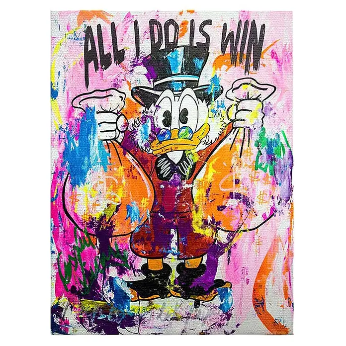 Dotcomcanvas Leinwandbild - Money Bag Rules, B x H: 75 x 100 cm - Lebendiges Pop-Art-Gemälde: Dagobert Duck mit Geldsäcken und dem Text 'ALL I DO IS WIN'.