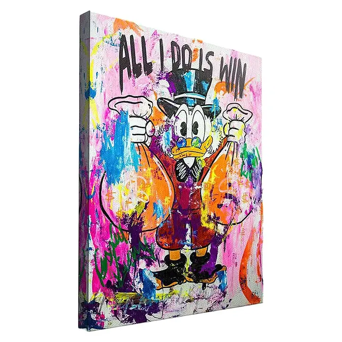 Dotcomcanvas Leinwandbild - Money Bag Rules, B x H: 75 x 100 cm - Farbenfroher Pop-Art-Leinwanddruck von Dagobert Duck mit Geldsäcken und dem Text „ALL I DO IS WIN“.