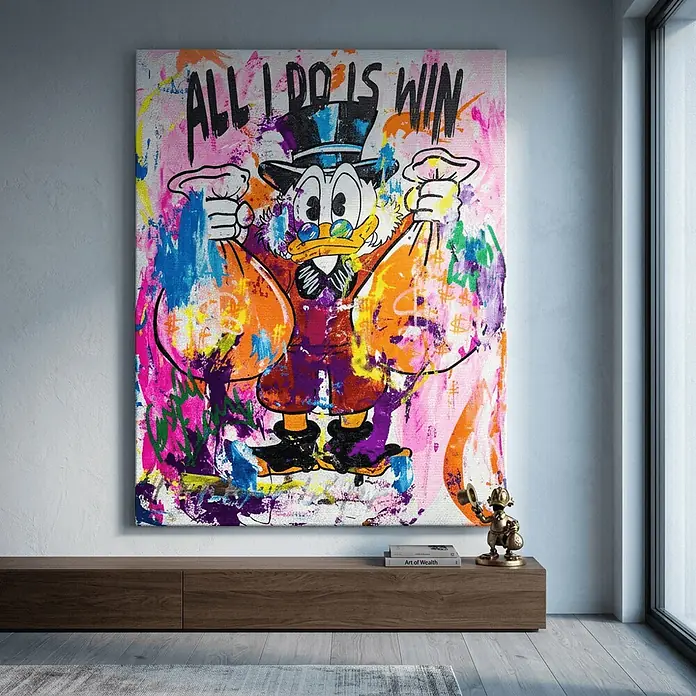 Dotcomcanvas Leinwandbild - Money Bag Rules, B x H: 75 x 100 cm - Großes Pop-Art-Leinwandgemälde von Dagobert Duck mit Geldsäcken und dem Text 'ALL I DO IS WIN', farbenfroh.