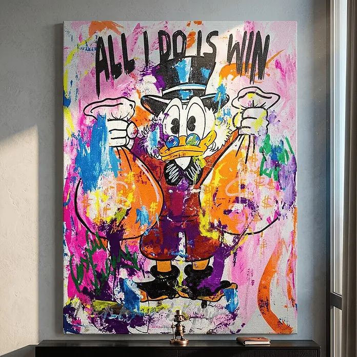 Dotcomcanvas Leinwandbild - Money Bag Rules, B x H: 75 x 100 cm - Großformatiger, lebendiger Leinwanddruck von Dagobert Duck im Graffiti-Stil mit "ALL I DO IS WIN".