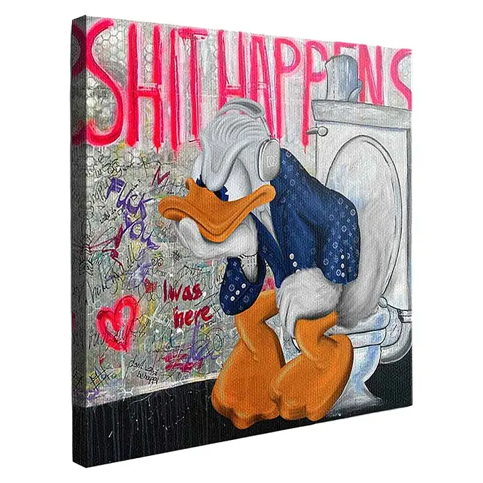 Dotcomcanvas Leinwandbild - Shit happens, B x H: 70 x 70 cm - Farbdruck auf Leinwand: Donald Duck auf Toilette mit 'Shit Happens' Graffiti.