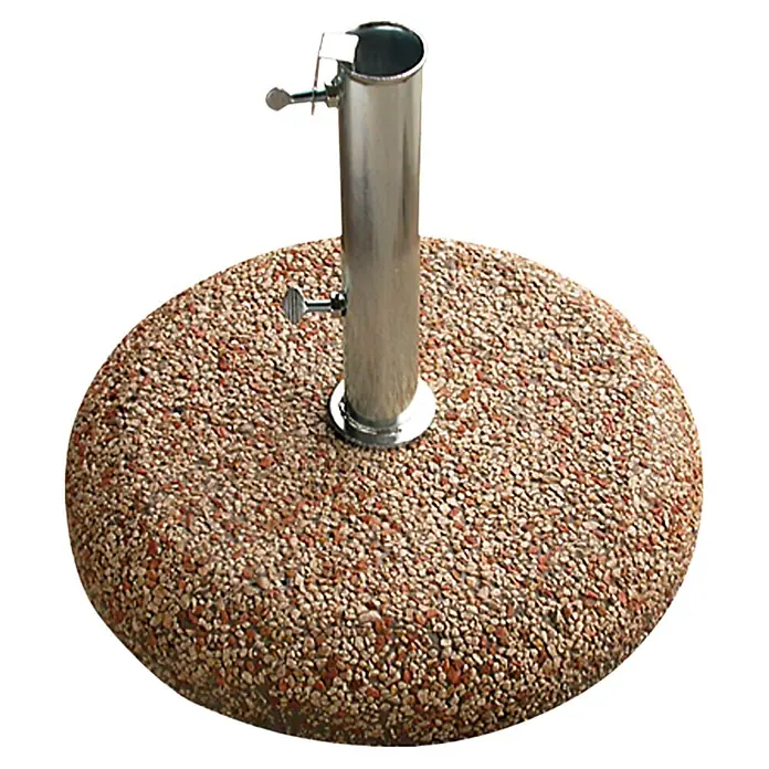 Kiesbetonständer - 31 kg, Durchmesser: 50 cm, Weiß/Rot, Ohne Griff - Ein runder, mit Kieselsteinen besetzter Sonnenschirmständer mit einem silbernen Rohr zur sicheren Befestigung des Schirms.
