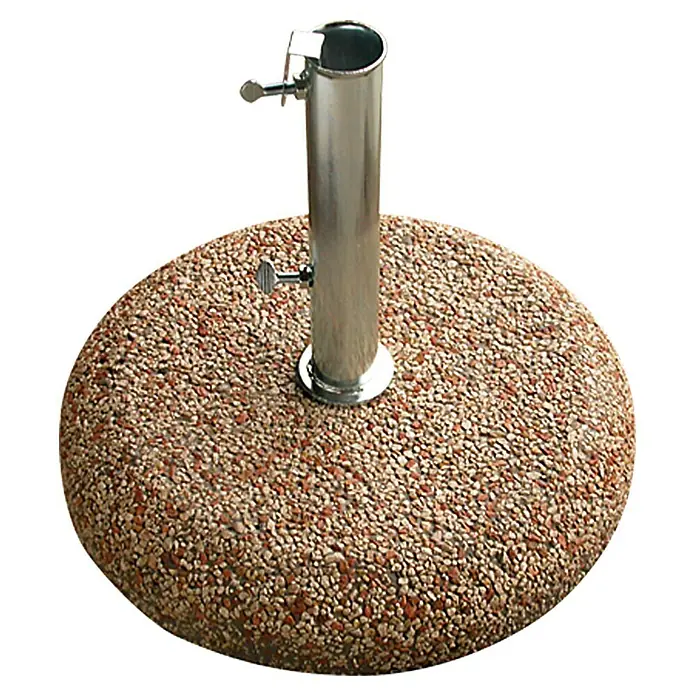 Kiesbetonständer - 31 kg, Durchmesser: 50 cm, Weiß/Rot, Ohne Griff - Ein runder, mit Kieselsteinen besetzter Sonnenschirmständer mit einem silbernen Rohr zur sicheren Befestigung des Schirms.
