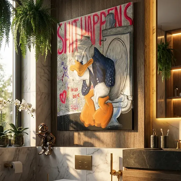 Dotcomcanvas Leinwandbild - Shit happens, B x H: 70 x 70 cm - Bronze-Entenfigur mit Kopfhörern, auf einem Badezimmerregal sitzend.