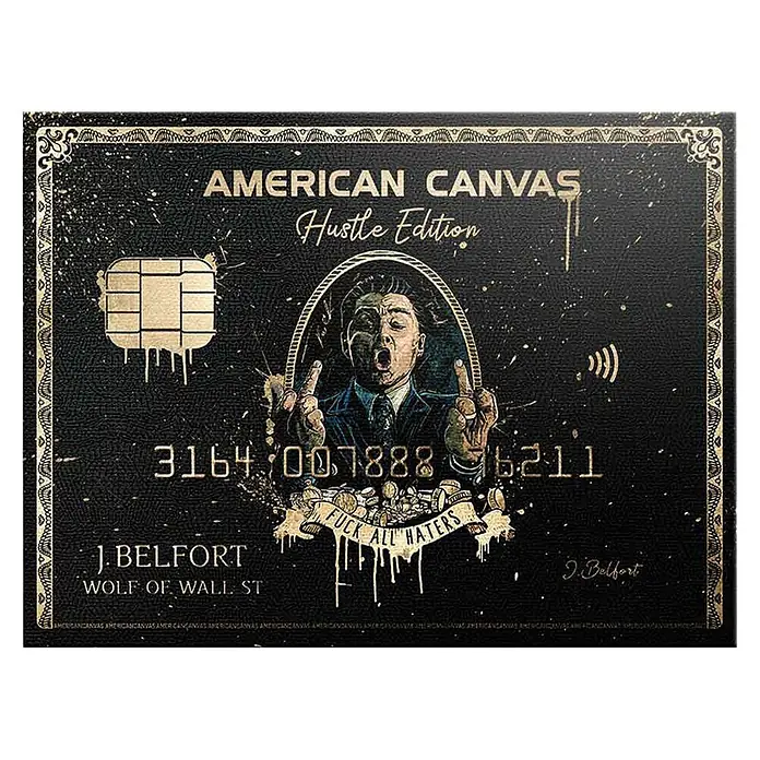 Dotcomcanvas Leinwandbild - Royal American, B x H: 75 x 100 cm - Schwarz-goldene Karte im Kreditkarten-Stil mit Jordan Belfort und dem Text 'FUCK ALL HATERS'.