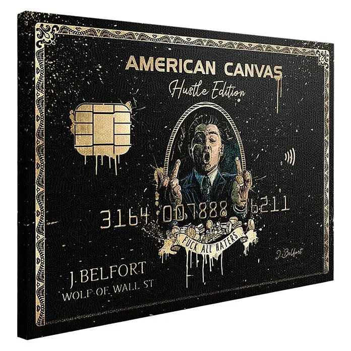 Dotcomcanvas Leinwandbild - Royal American, B x H: 75 x 100 cm - Schwarzer und goldener Leinwanddruck im Kreditkarten-Design, mit 'Hustle Edition', 'Wolf of Wall St' und einer Figur mit Mittelfingern.