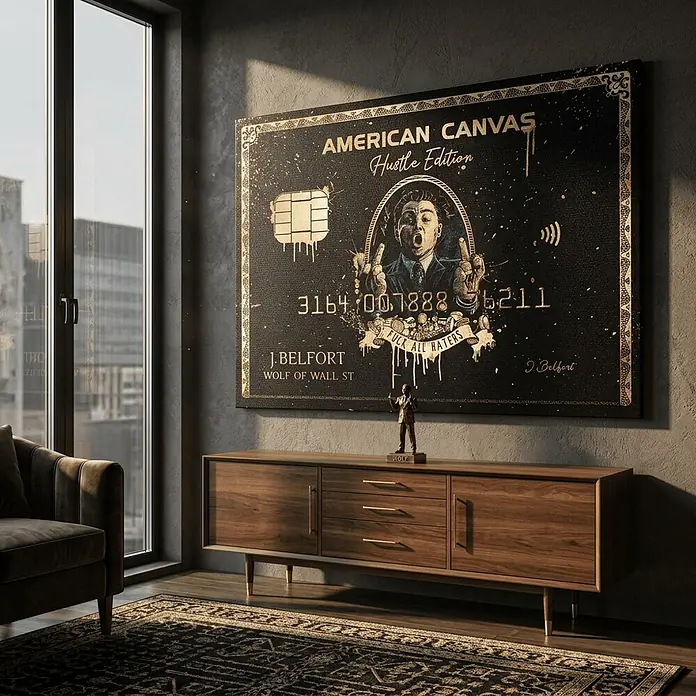 Dotcomcanvas Leinwandbild - Royal American, B x H: 75 x 100 cm - Großer schwarz-goldener Leinwanddruck, gestaltet wie eine Kreditkarte mit 'J. Belfort' Text, als Wandkunst über einem Holz-Konsolentisch.