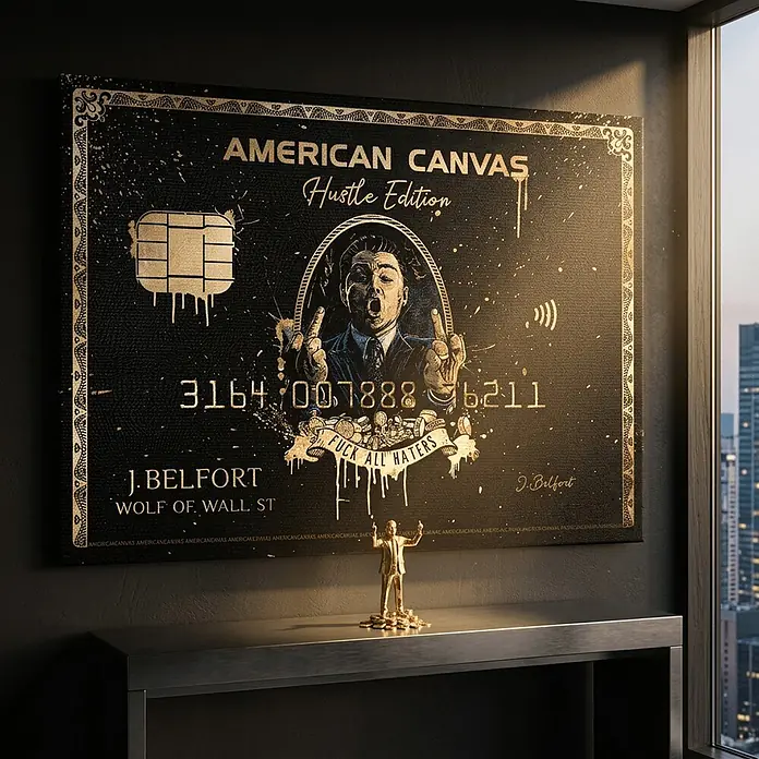 Dotcomcanvas Leinwandbild - Royal American, B x H: 75 x 100 cm - Großes schwarz-goldenes Leinwandbild in Kreditkartenoptik mit J. Belfort und 'Hustle Edition', über einer Goldstatuette auf einem Tisch.