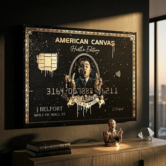 Dotcomcanvas Leinwandbild - Royal American, B x H: 75 x 100 cm - Schwarz-goldene Leinwand-Wandkunst im Kreditkarten-Design mit „Hustle Edition“ und J. Belfort-Karikatur, an einer Wand ausgestellt.
