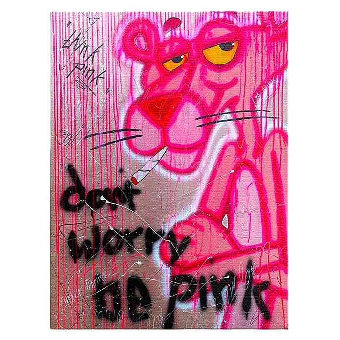 Dotcomcanvas Leinwandbild - Dont worry be pink, B x H: 75 x 100 cm - Graffiti-Kunstgemälde des Pink Panther, überwiegend pink, rauchend mit dem Text 'Think Pink' und 'Don't worry, be pink'.