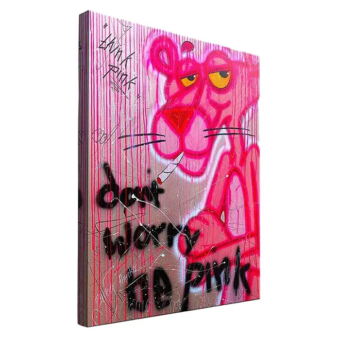 Dotcomcanvas Leinwandbild - Dont worry be pink, B x H: 75 x 100 cm - Graffiti-Leinwandbild mit dem Pink Panther, rauchend, und dem Text "Think Pink" und "Don't Worry Be Pink".